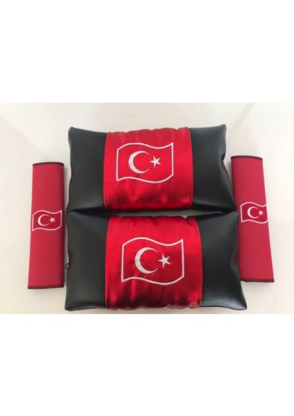 Türkiye Bayrak Uyumlu Nakışlı Deri 1 Çift Boyun Yastık ve 1 Çift Kemer Pedi