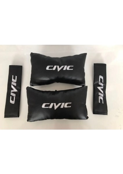 Honda Civic Nakışlı Deri 1 Çift Boyun Yastık ve 1 Çift Kemer Pedi