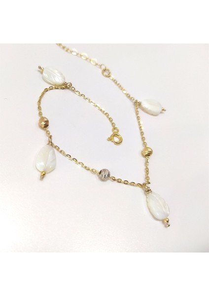 Yaprak Sedefli Dorika Toplu Bileklik Künye 14 Ayar Altın