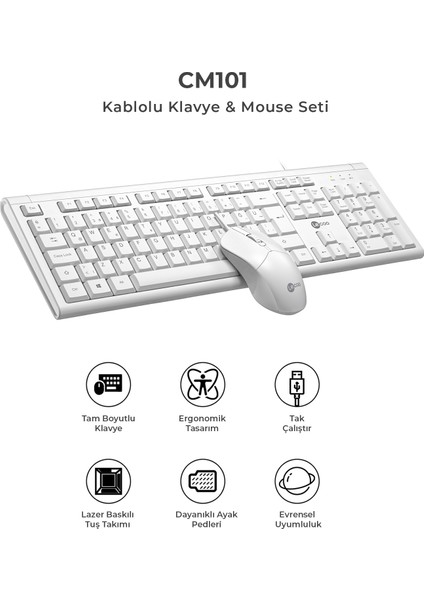 CM101 USB Kablolu Türkçe Q Klavye & Mouse Set Beyaz