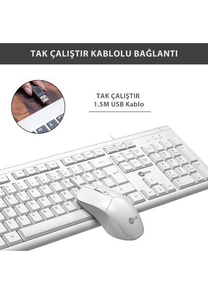 CM101 USB Kablolu Türkçe Q Klavye & Mouse Set Beyaz