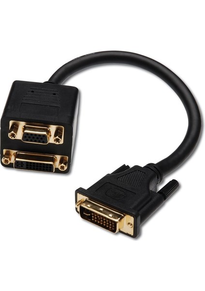 DVI Y-Splitter Kablosu, DVI-I, (24+5), erkek DVI-I (24+5), dişi + HD15, dişi, 0.20 metre, altın kaplama, siyah renk
