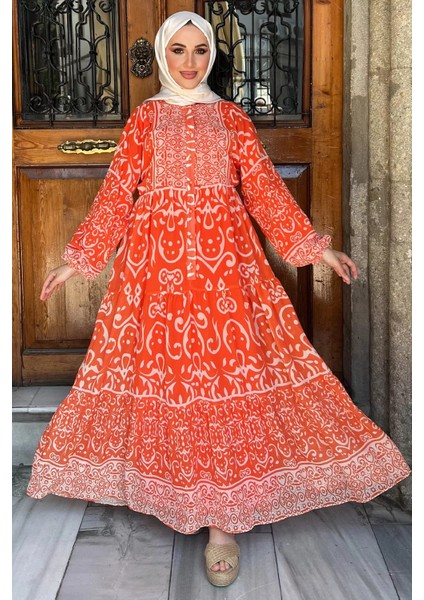 Orange Yarım Düğmeli Astarlı Desenli Şifon Elbise P-00009397