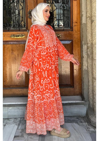 Orange Yarım Düğmeli Astarlı Desenli Şifon Elbise P-00009397 modelleri