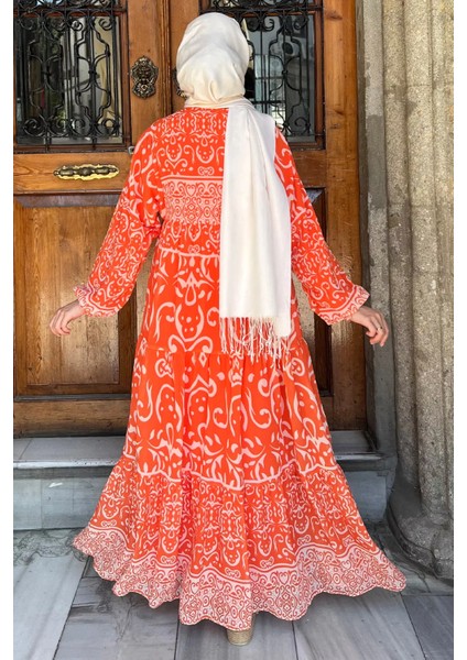 Orange Yarım Düğmeli Astarlı Desenli Şifon Elbise P-00009397 fırsatları