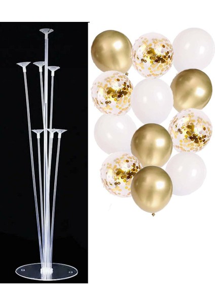 7'li Balon Standı ve 10 Adet Gold-Beyaz-Şeffaf Konfetili Balon Set