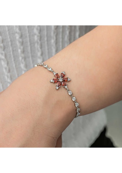 Gümüş Kırmızı Lotus Çiçeği Su Yolu Kadın Bileklik