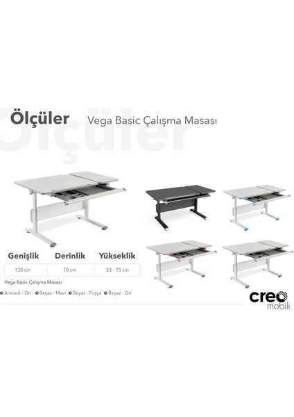 Creo Mobili Vega Basic Yükseklik Ayarlı Çekmeceli Çalışma Masası - Beyaz/mavi