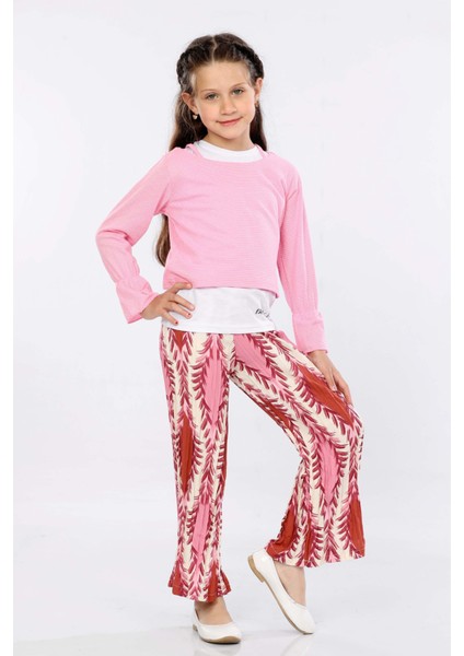 Kız Çocuk 3'lü Takım Fırfırlı Kol Sweatshirt,t-Shirt ve Geniş Paça Pantolon MRN2427