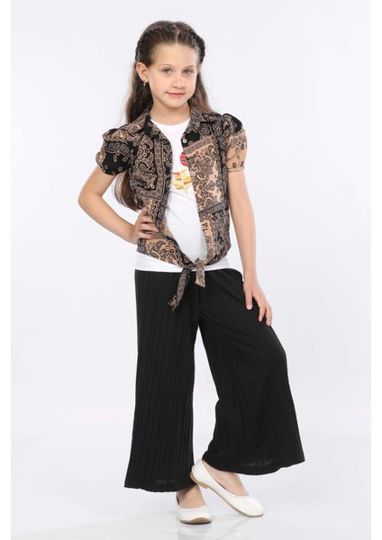 Kız Çocuk 3'lü Takım Bağlamalı Gömlek-T-Shirt ve Geniş Paça Pantolon MRN2422