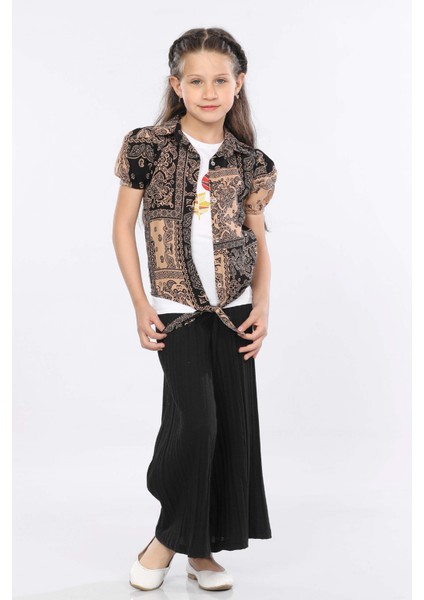 Kız Çocuk 3'lü Takım Bağlamalı Gömlek-T-Shirt ve Geniş Paça Pantolon MRN2422 fiyatları