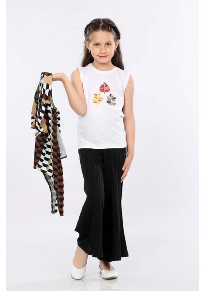 Kız Çocuk 3'lü Takım Bağlamalı Gömlek-T-Shirt ve Geniş Paça Pantolon MRN2424 fiyatları
