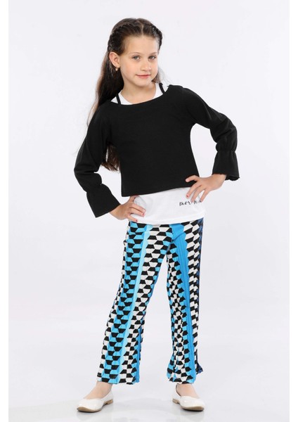 Kız Çocuk 3'lü Takım Fırfırlı Kol Sweatshirt,t-Shirt ve Geniş Paça Pantolon MRN2425 fiyatları