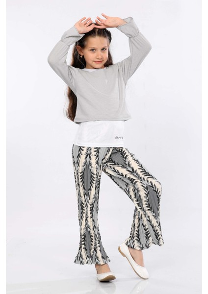 Kız Çocuk 3'lü Takım Fırfırlı Kol Sweatshirt,t-Shirt ve Geniş Paça Pantolon MRN2427