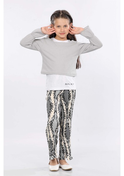 Kız Çocuk 3'lü Takım Fırfırlı Kol Sweatshirt,t-Shirt ve Geniş Paça Pantolon MRN2427