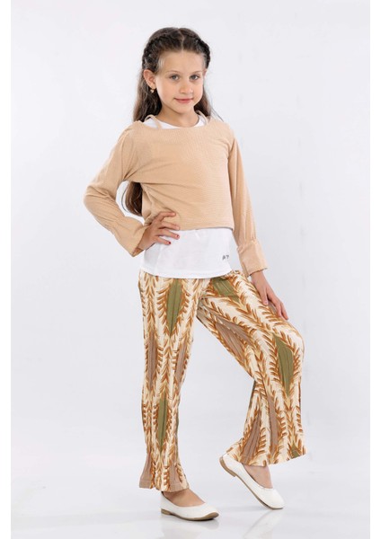 Kız Çocuk 3'lü Takım Fırfırlı Kol Sweatshirt,t-Shirt ve Geniş Paça Pantolon MRN2427