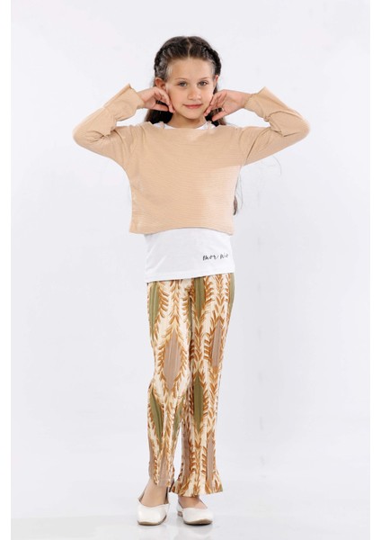 Kız Çocuk 3'lü Takım Fırfırlı Kol Sweatshirt,t-Shirt ve Geniş Paça Pantolon MRN2427 fiyatları