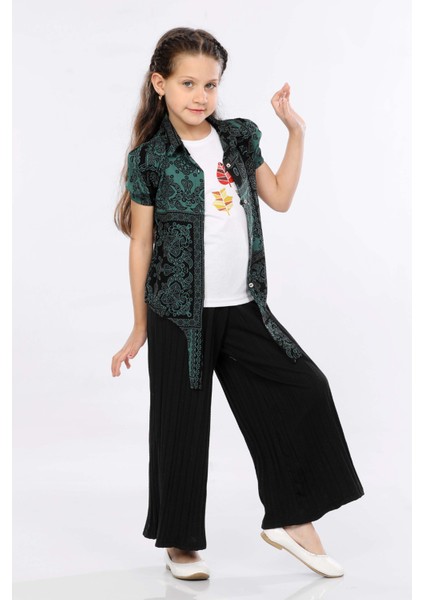 Kız Çocuk 3'lü Takım Bağlamalı Gömlek-T-Shirt ve Geniş Paça Pantolon MRN2422