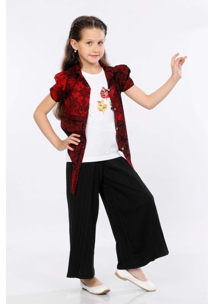 Kız Çocuk 3'lü Takım Bağlamalı Gömlek-T-Shirt ve Geniş Paça Pantolon MRN2422