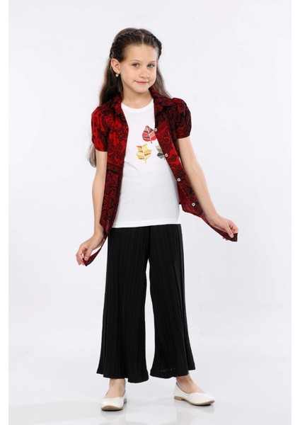 Kız Çocuk 3'lü Takım Bağlamalı Gömlek-T-Shirt ve Geniş Paça Pantolon MRN2422 fiyatları