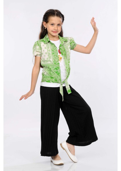Kız Çocuk 3'lü Takım Bağlamalı Gömlek-T-Shirt ve Geniş Paça Pantolon MRN2422 fiyatları