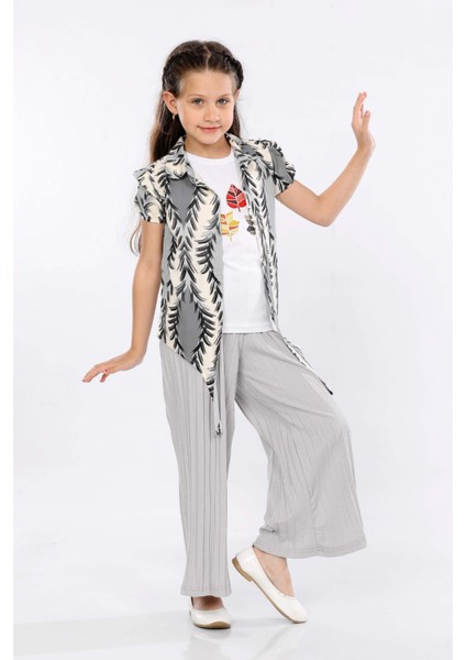 Kız Çocuk 3'lü Takım Bağlamalı Gömlek-T-Shirt ve Geniş Paça Pantolon MRN2423