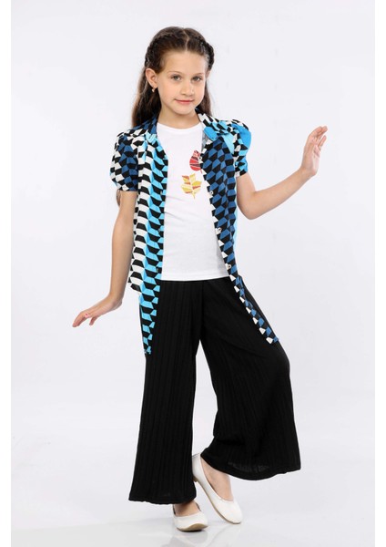 Kız Çocuk 3'lü Takım Bağlamalı Gömlek-T-Shirt ve Geniş Paça Pantolon MRN2424