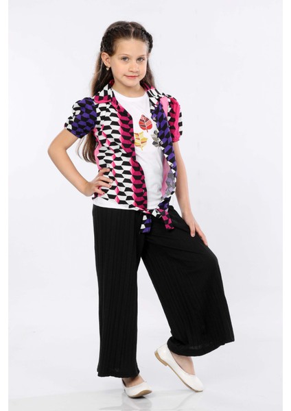 Kız Çocuk 3'lü Takım Bağlamalı Gömlek-T-Shirt ve Geniş Paça Pantolon MRN2424