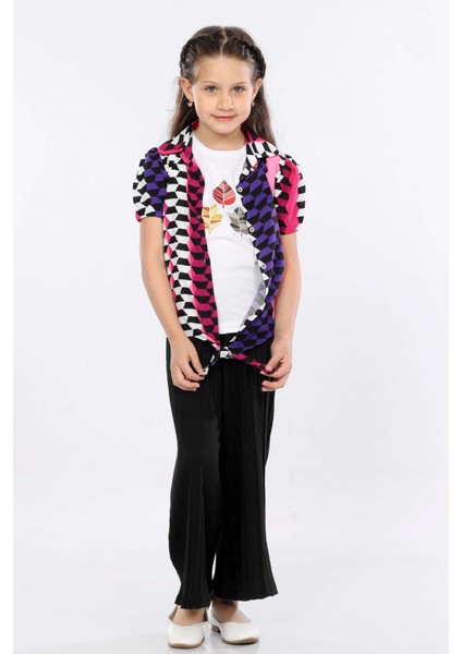 Kız Çocuk 3'lü Takım Bağlamalı Gömlek-T-Shirt ve Geniş Paça Pantolon MRN2424 fiyatları