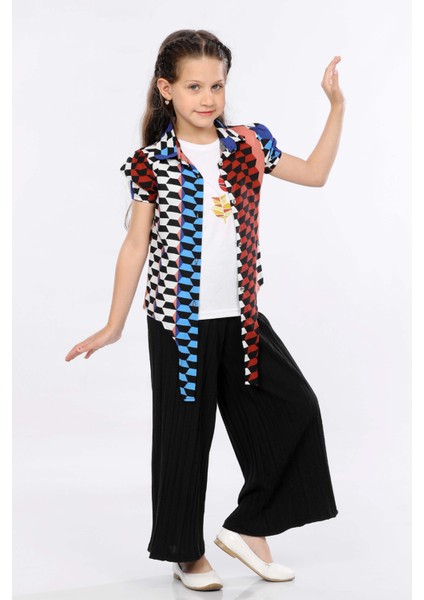 Kız Çocuk 3'lü Takım Bağlamalı Gömlek-T-Shirt ve Geniş Paça Pantolon MRN2424