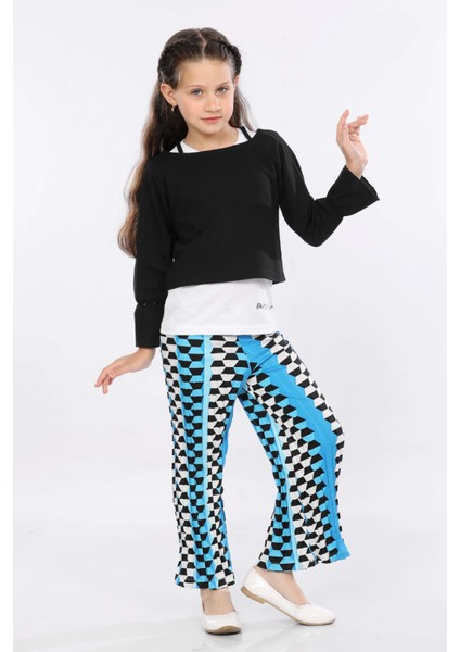 Kız Çocuk 3'lü Takım Fırfırlı Kol Sweatshirt,t-Shirt ve Geniş Paça Pantolon MRN2425