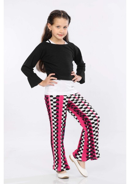 Kız Çocuk 3'lü Takım Fırfırlı Kol Sweatshirt,t-Shirt ve Geniş Paça Pantolon MRN2425