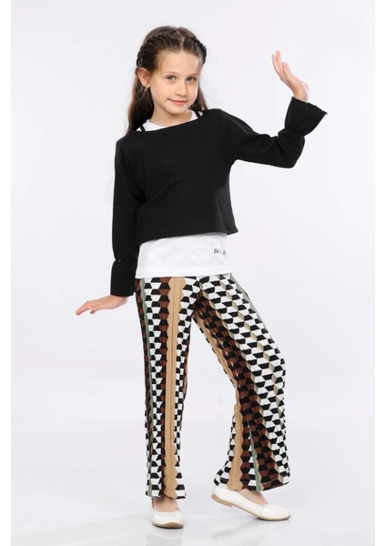 Kız Çocuk 3'lü Takım Fırfırlı Kol Sweatshirt,t-Shirt ve Geniş Paça Pantolon MRN2425