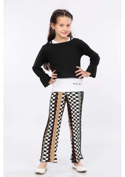 Kız Çocuk 3'lü Takım Fırfırlı Kol Sweatshirt,t-Shirt ve Geniş Paça Pantolon MRN2425 fiyatları
