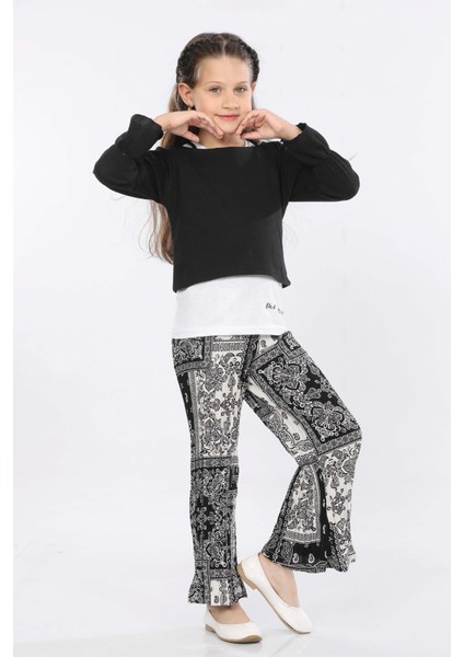 Kız Çocuk 3'lü Takım Fırfırlı Kol Sweatshirt,t-Shirt ve Geniş Paça Pantolon MRN2426