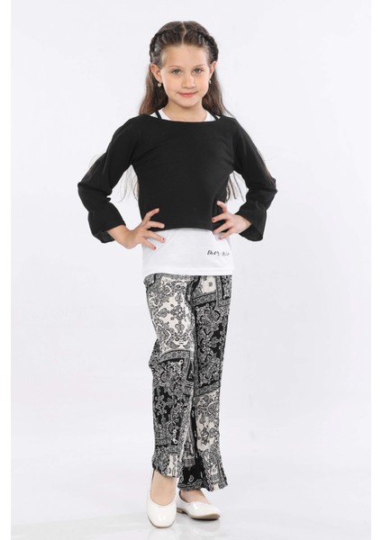 Kız Çocuk 3'lü Takım Fırfırlı Kol Sweatshirt,t-Shirt ve Geniş Paça Pantolon MRN2426 fiyatları