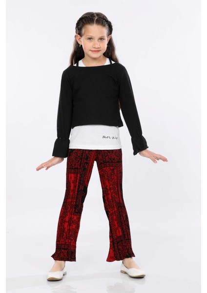 Kız Çocuk 3'lü Takım Fırfırlı Kol Sweatshirt,t-Shirt ve Geniş Paça Pantolon MRN2426 fiyatları