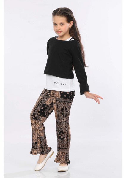 Kız Çocuk 3'lü Takım Fırfırlı Kol Sweatshirt,t-Shirt ve Geniş Paça Pantolon MRN2426