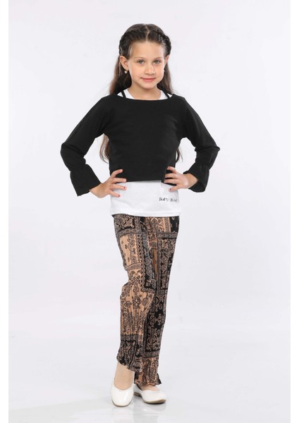 Kız Çocuk 3'lü Takım Fırfırlı Kol Sweatshirt,t-Shirt ve Geniş Paça Pantolon MRN2426 fiyatları