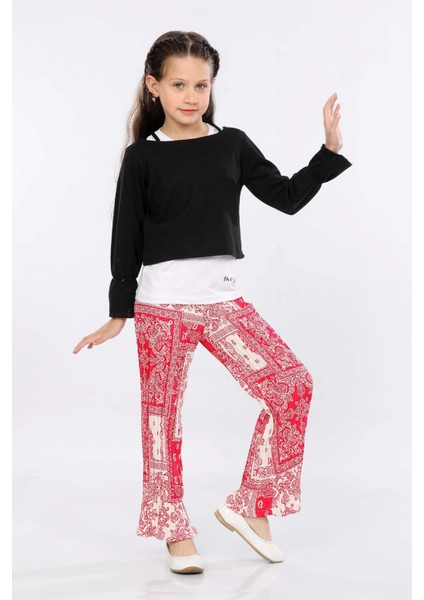 Kız Çocuk 3'lü Takım Fırfırlı Kol Sweatshirt,t-Shirt ve Geniş Paça Pantolon MRN2426