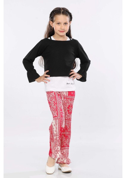 Kız Çocuk 3'lü Takım Fırfırlı Kol Sweatshirt,t-Shirt ve Geniş Paça Pantolon MRN2426 fiyatları