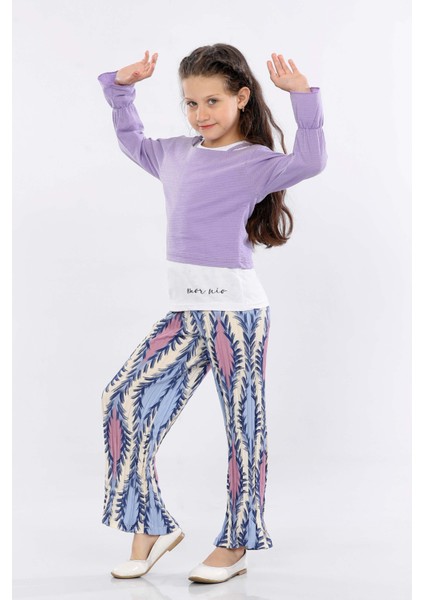 Kız Çocuk 3'lü Takım Fırfırlı Kol Sweatshirt,t-Shirt ve Geniş Paça Pantolon MRN2427