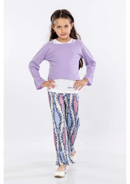 Kız Çocuk 3'lü Takım Fırfırlı Kol Sweatshirt,t-Shirt ve Geniş Paça Pantolon MRN2427 fiyatları