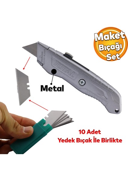 Metal Maket Bıçak Halı Bıçağı Çok Amaçlı Maket Bıçağı Küçük Değiştirilebilir 10 Adet Yedek Bıçak