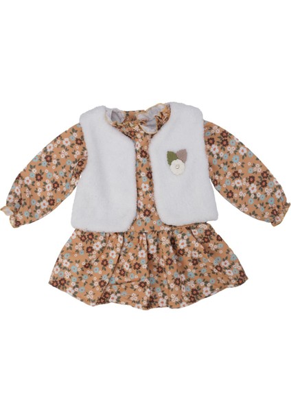 Kız Bebek Çiçek Baskılı Yelekli Fırfırlı Şönil Elbise