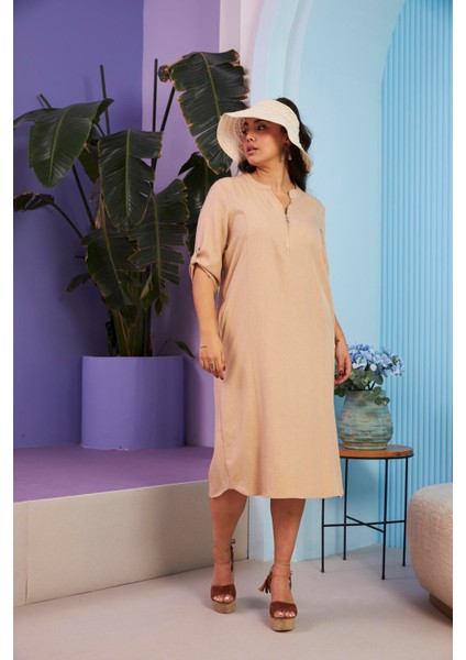 Yaka Fermuar Detaylı Büyük Beden Vizon Elbise