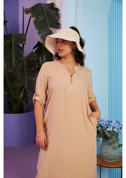 Yaka Fermuar Detaylı Büyük Beden Vizon Elbise modelleri