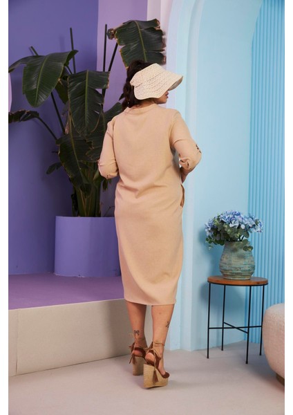 Yaka Fermuar Detaylı Büyük Beden Vizon Elbise indirimleri