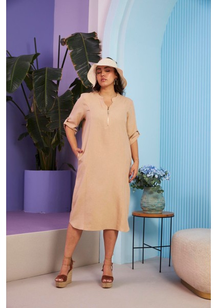 Yaka Fermuar Detaylı Büyük Beden Vizon Elbise fiyatları