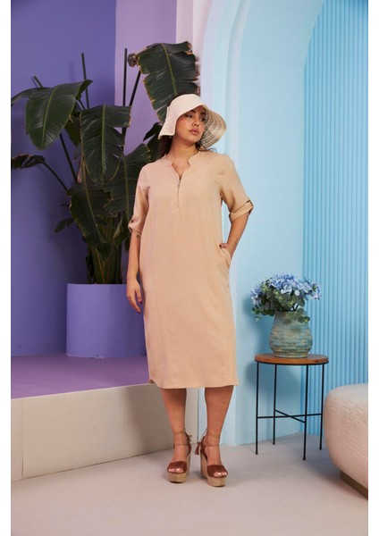 Yaka Fermuar Detaylı Büyük Beden Vizon Elbise fırsatları